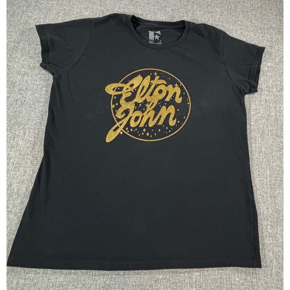 Elton John Women Large Graphic T-Shirt Black Gold Glitter Logo Cotton Tee